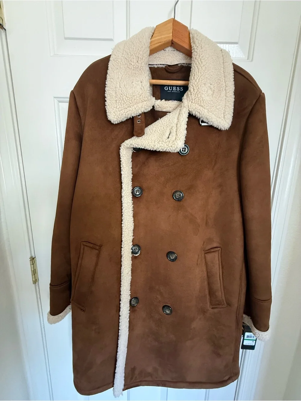 GUESS Brown Shearling-Trim Double-Breasted Pea Coat